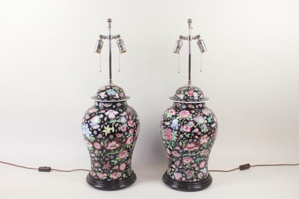 Pair of Chinese Famille Rose Ginger Jar Ceramic Lamps