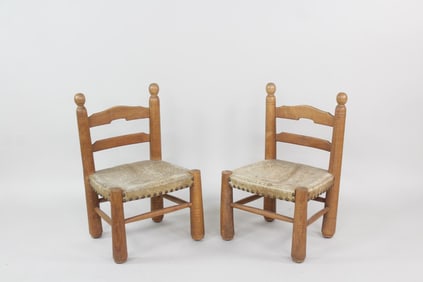 Pair of Charles Dudouyt Oak & Goatskin Fireside Chairs