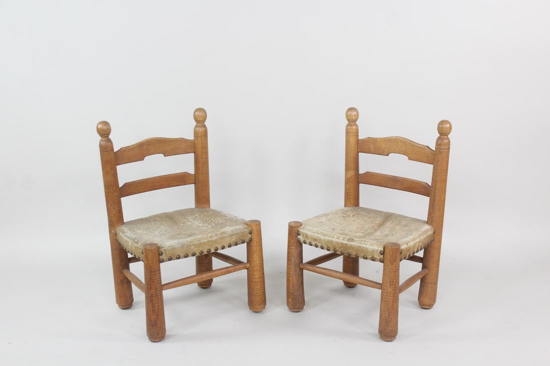 Pair of Charles Dudouyt Oak & Goatskin Fireside Chairs (1 of 15)