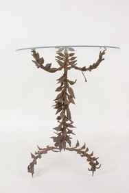 Rust Covered Wrought Iron Leaf Tripod Side Table