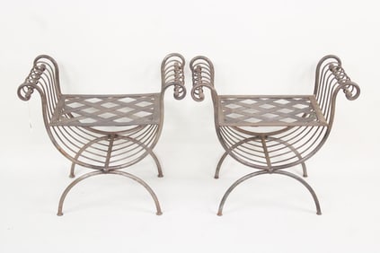 Pair of Regency Style Woven Metal Curule Bench Stools