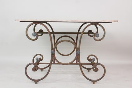 Rust Covered Iron French Patisserie Marble Top Table