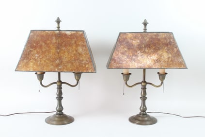 Pair of Miller Double Candelabra Electric Lamps with Mica Shades