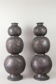 Pair of 3.5ft Triple Gourd Iridescent Black Ceramic Floor Sculptures by Jean Roger