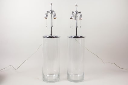 Pair of Heavy Glass Cylinder Lamps, Minimalist
