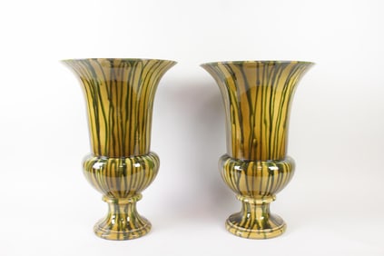 Pair of Jean Roger Paris Ceramic Urn Planter with Drip Glaze, Green