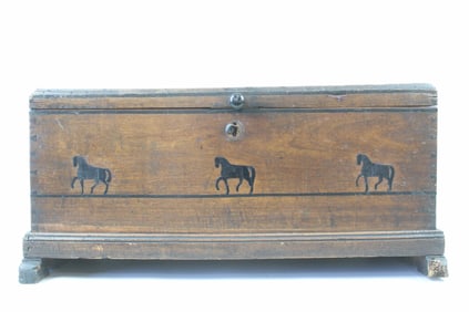 Antique 19th C. Wooden Box with Inlaid Horses, Folk Art