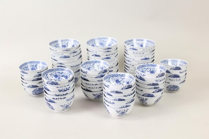 Large 70 Pc Set Chinese Blue & White Porcelain Bowls