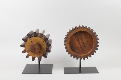 Pair of Mounted Industrial Wooden Factory Gear Molds