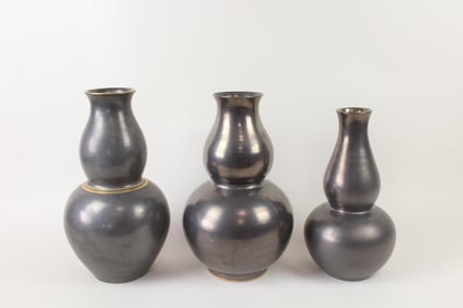 Lot of 3 Large Iridescent Black Double Gourd Ceramic Vases, John Thompson