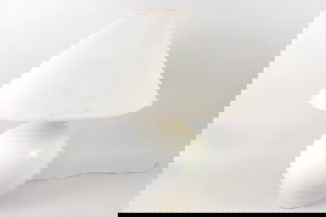 Large Minimalist White Ceramic Lotte Bostlund Lamp: Large Minimalist White Ceramic Lotte Bostlund Lamp. Bulbous ceramic lamp is off white, and includes white shade by Lotte Bostlund.Dimensions of the lamp are 28.5 in h x 12 in w x 12 in d. The shade is
