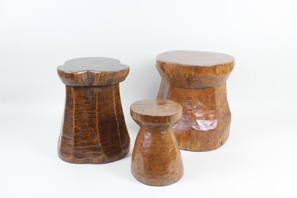 Group of 3 Primitive Wood Mortar Stools