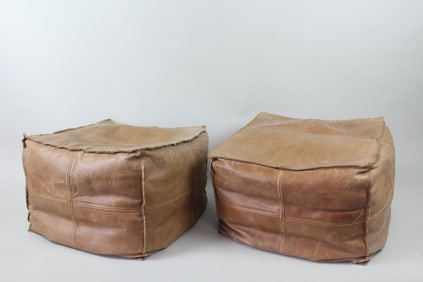 Pair of Cubist Brown Leather Poufs Ottomans