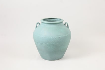 Ron Dier Teal Ceramic Handled Jug Vase