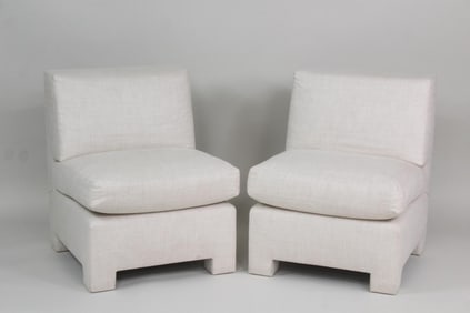 Pair of Cubist Linen Slipper Chairs by John Boone