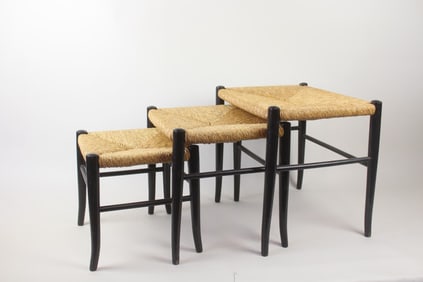 Rush Seat Nesting Stool Set, Style of Gio Ponti