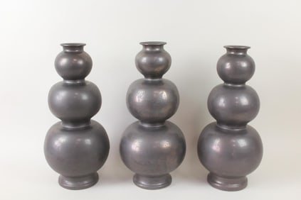 Lot of 3 Triple Gourd Iridescent Black Ceramic Lamp Bases by Jean Roger