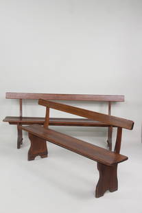 Pair of Wood Plank Station Benches: Pair of Industrial Wood Plank Waiting Room Station Benches. Matching pair of wooden benches with backrests, in 2 sizes. Great patina with names scratched into the surfaces. Dimensions are 31.75 in h x