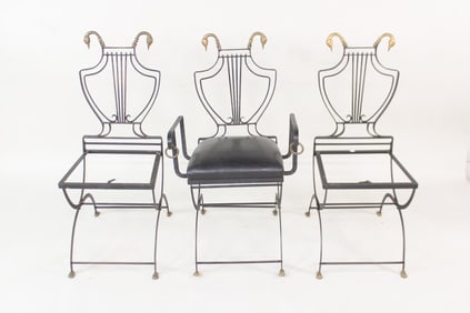 Set of 3 Iron & Brass Lyre Folding Garden Chairs with Swan Finials