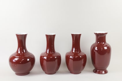 Lot of 4 Oxblood Red Ceramic Vases, Chinese Lacquer