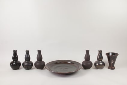 Lot of 7 Black & Brown Ceramic Vessels, John Thompson