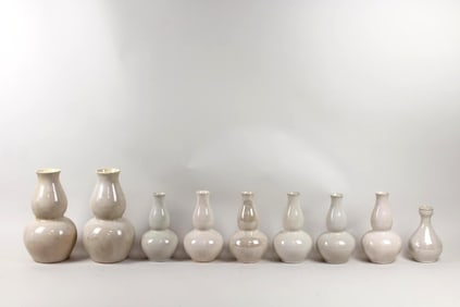 Lot of 9 Celadon Beige Double Gourd Ceramic Vases, John Copper