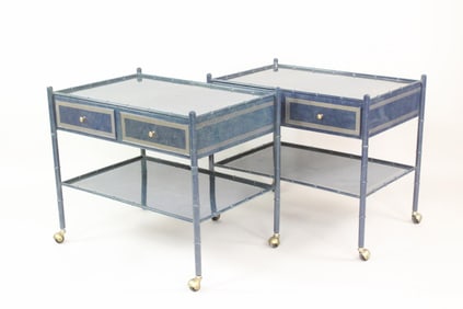 Pair of Italian Blue Lacquered Faux Bamboo Bar Carts