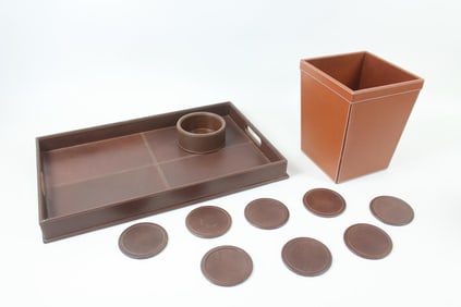 11 Pc Brown Leather Lot; Tray, Coasters & Wastebasket