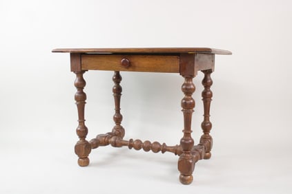 19th C. French Bobbin Leg One Drawer Table, Camard Made in France