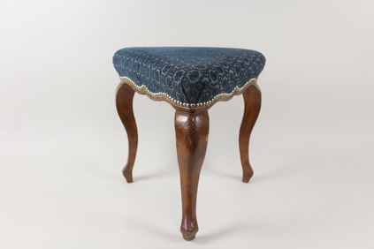 Queen Anne Triangular Stool with Blue Velvet Seat