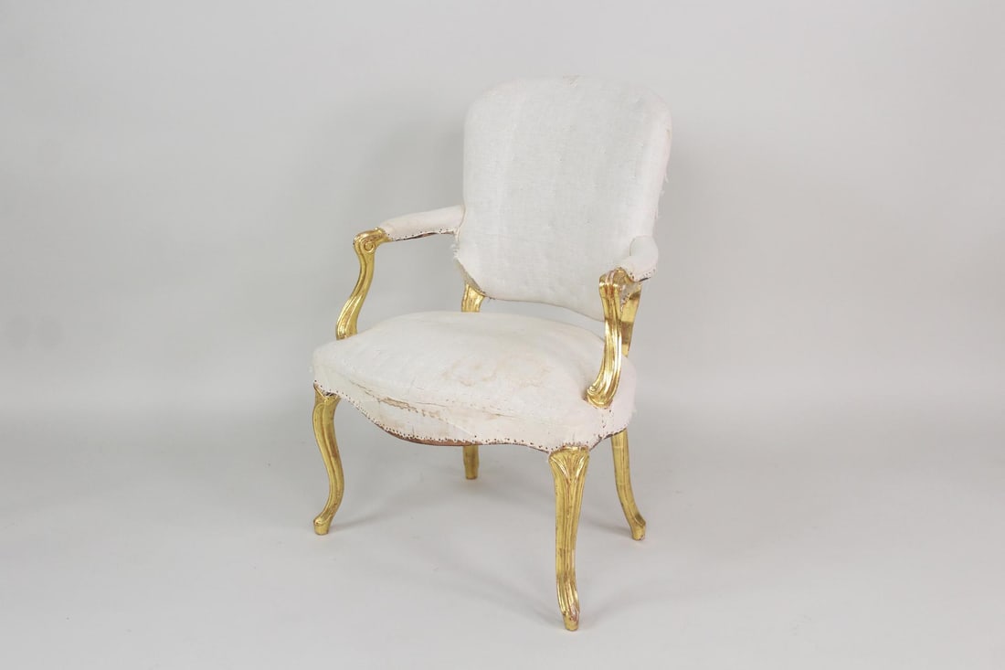 Deconstructed French Louis XV Giltwood Armchair: Deconstructed French Louis XV Giltwood Armchair. Project armchair with ornate gilt wood frame and upholstery removed. Dimensions are 36 in h x 26.5in w x 25in d. Seat height is 18 in. Condition is goo
