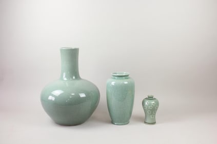 Collection of 3 Celadon Ceramic Vases, Korean and Chinese