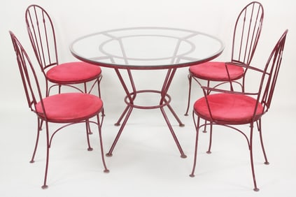 5 Pc Red Painted Wrought Iron Patio Dining Set, Woodard Style