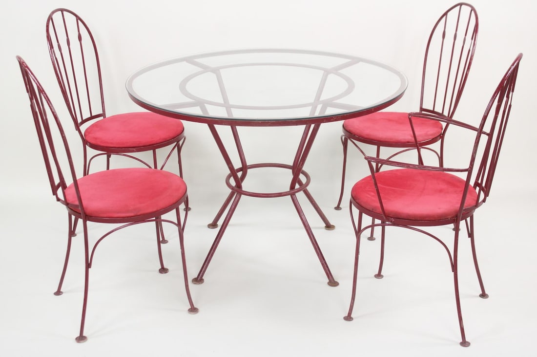 5 Pc Red Painted Wrought Iron Patio Dining Set, Woodard Style (1 of 10)