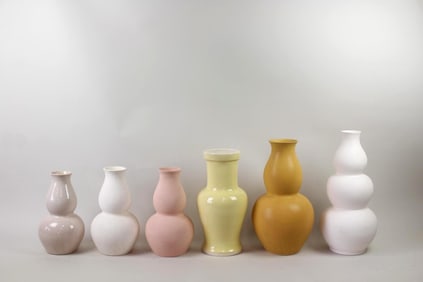 Lot of 6 Matte Pastel Double Gourd Ceramic Vases, Barthold Copper