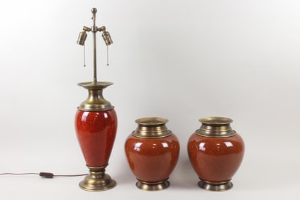 Lot of Oxblood Red Ceramic Lamps, Two are Bases