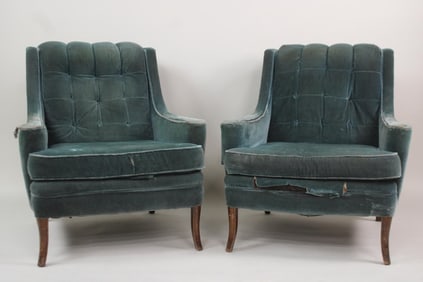 Pair of Tufted Green Velvet Upholstered Club Chairs, Gardner Upholstery