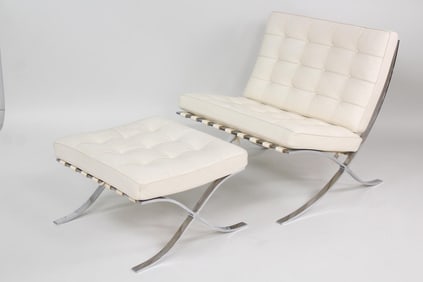 White Leather Barcelona Chair and Ottoman