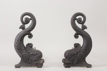 Pair of Cast Iron Dolphin Figural Andirons, Bradley & Hubbard