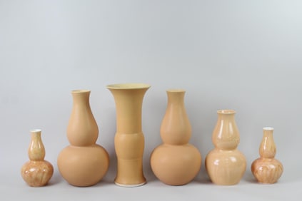 Lot of 6 Peach Ceramic Vases, Double Gourd, Barthold Copper