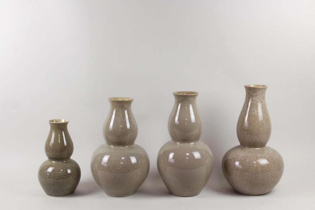 Lot of 4 Tan Crackle Double Gourd Ceramic Vases, Barthold Copper (1 of 18)