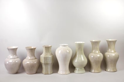 Lot of 7 Tan Baluster Ceramic Vases, Barthold Copper