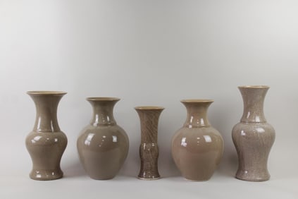Lot of 5 Tan Crackle Glaze Ceramic Vases, Barthold Copper
