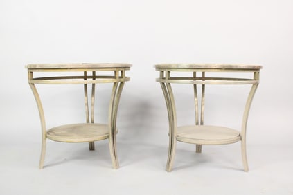 Pair of Copper & Limestone Two Tier Circular Side Tables by John Boone