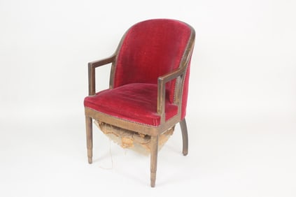 Walnut & Studded Red Velvet Armchair