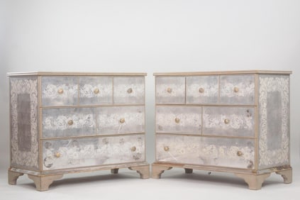 Pair of Hollywood Regency Eglomise Mirrored Chests of Drawers