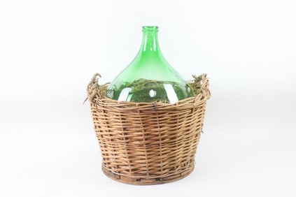 Wicker Wrapped Green Demijohn Wine Jug