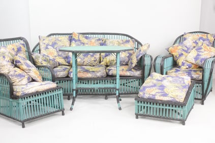 5 Pc Set Art Deco Green & Black Wicker Furniture