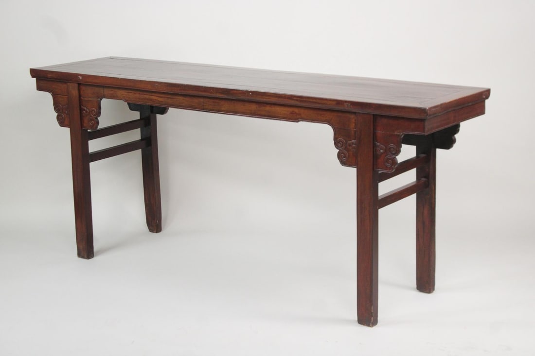Chinese Wooden Console Table: Chinese Wooden Console Table. This table has simple design, not too intricate. Just over 6 feet long. Dimensions are 32in h x 19.5 in w x 75.5 in d. Condition is good. Please call or email for a detai