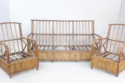 3 Pc Set Art Deco Rattan Furniture, Sofa & 2 Chairs